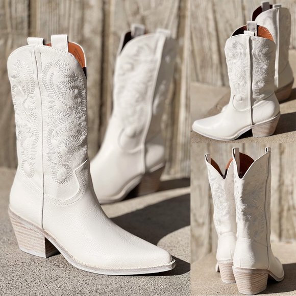 NEW White Cowboy Western Embroidered Stitch Pointy Toe Block Heel Mid Calf Boots - Picture 8 of 13